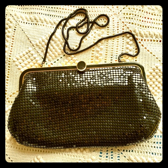 Vintage Handbags - Vintage black mesh purse with metal snake chain strap